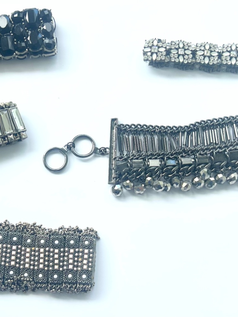 5-Piece Gunmetal & Black Rhinestone Statement Cuff Bracelet Lot
